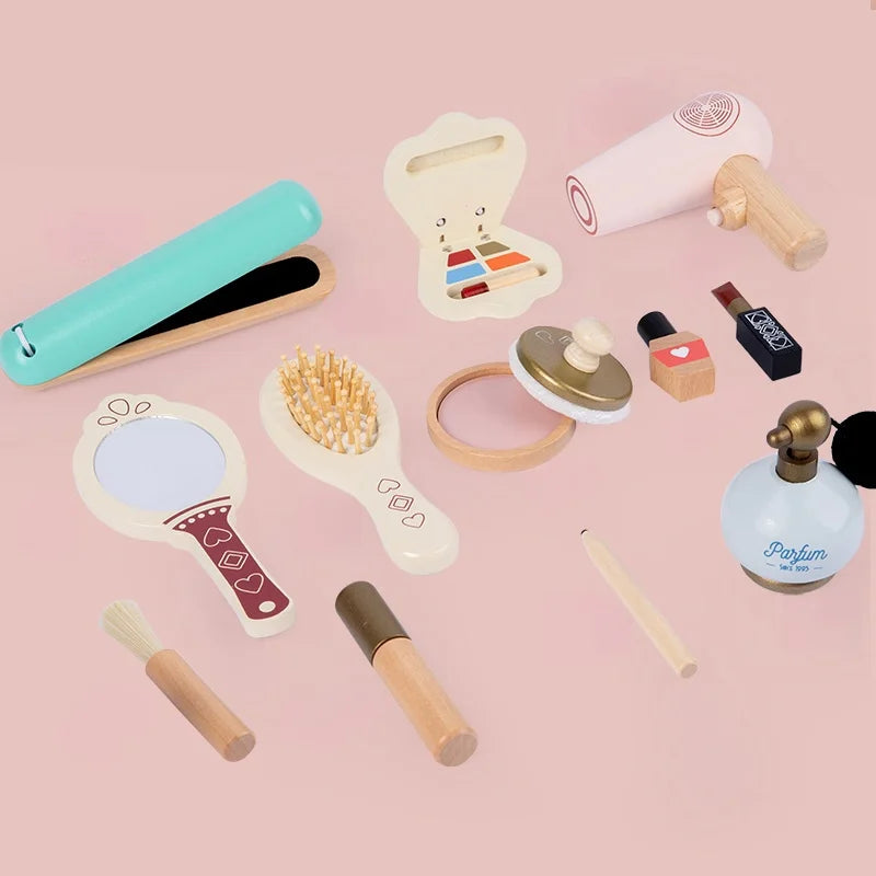 Wooden simulation makeup, playing house, children's toys, hair dryer, cosmetics, princess dressing, girl's birthday