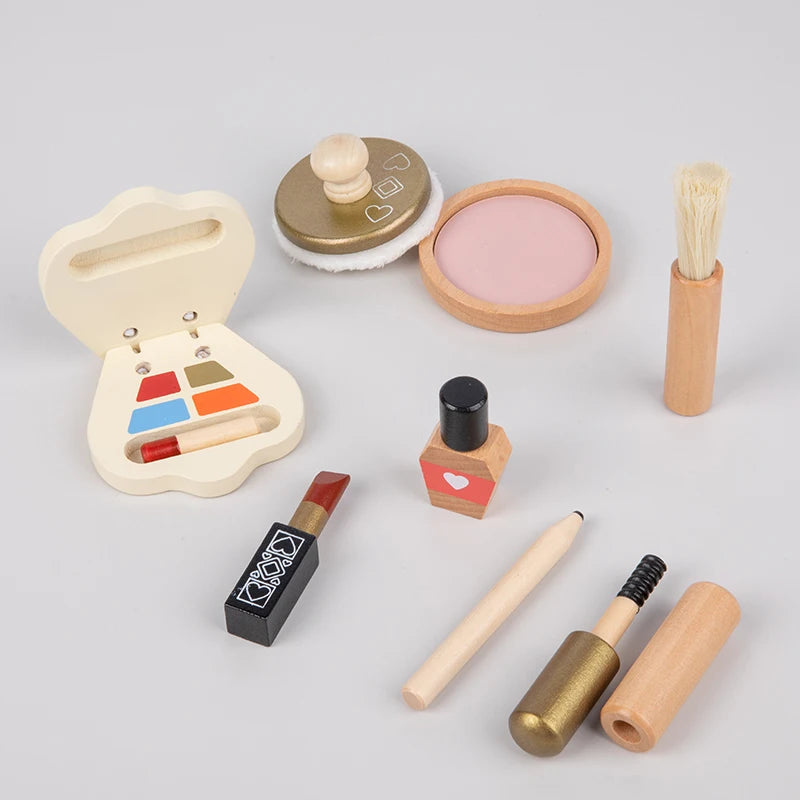 Wooden simulation makeup, playing house, children's toys, hair dryer, cosmetics, princess dressing, girl's birthday